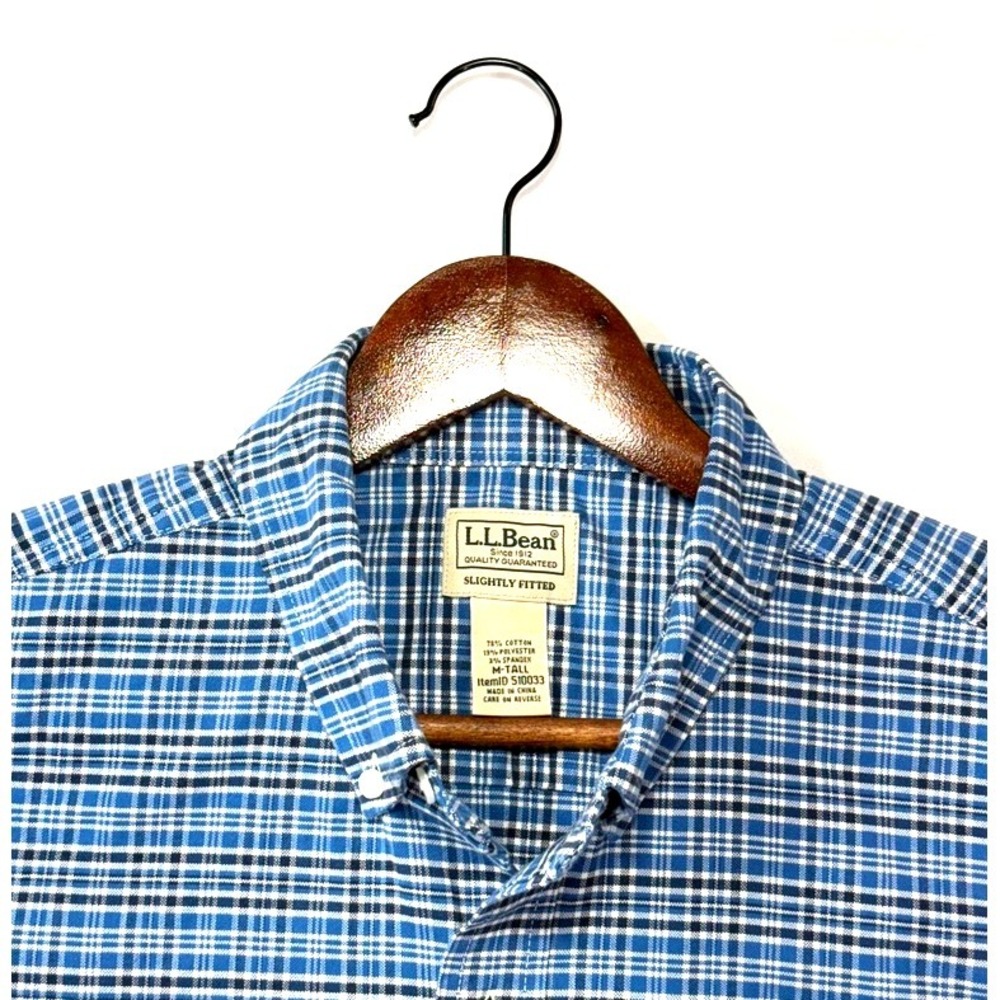 LL Bean Mens Slightly Fitted Plaid Button‎ Down Shirt M Tall Blue White Navy